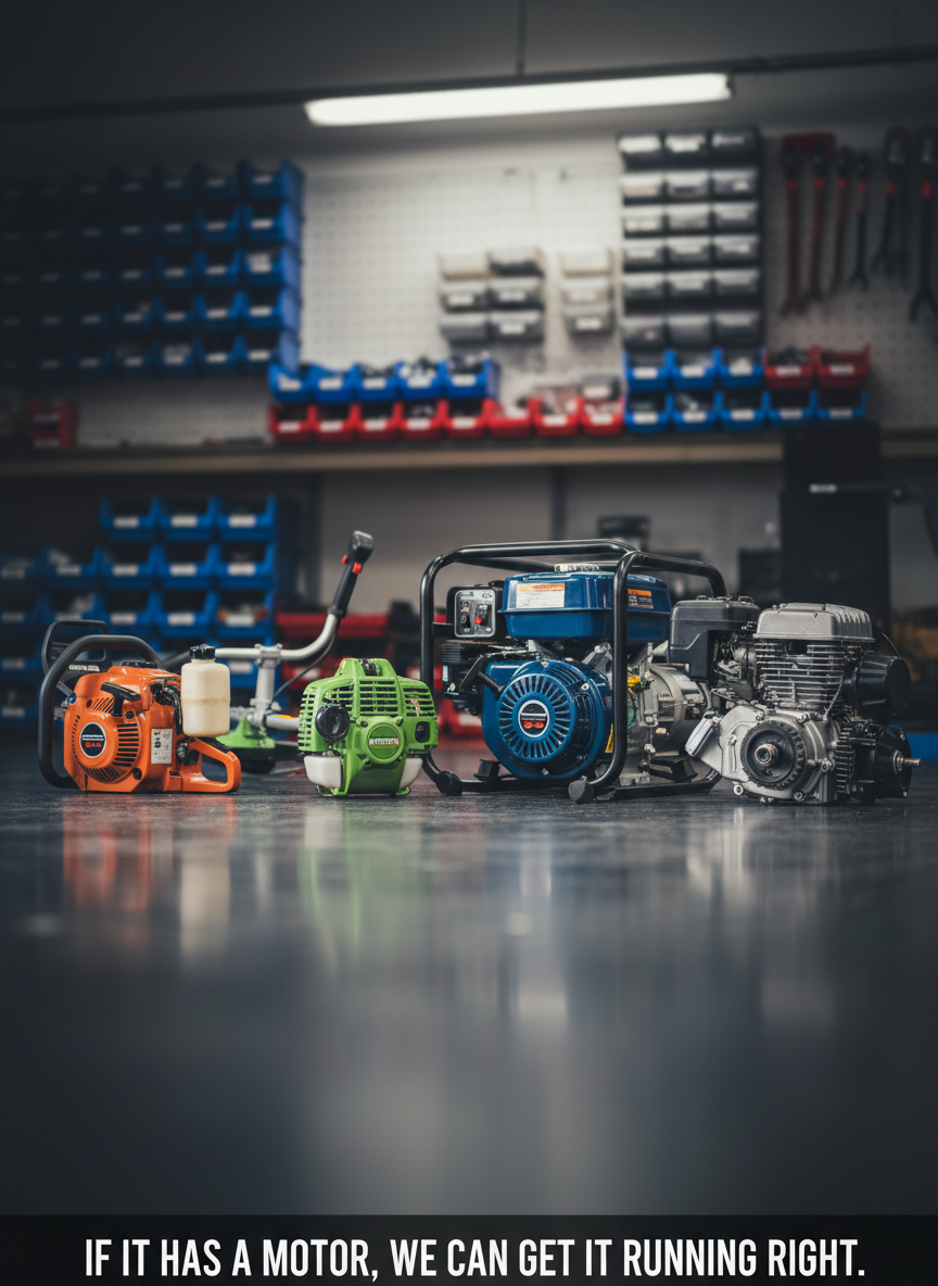 A lineup of various small engines—chainsaw, string trimmer, portable generator, and compact ATV engine—arranged in a diagonal row on a clean, dark rubber workshop floor. Each engine is spotless yet clearly functional, with visible brand-agnostic details like pull cords, fuel caps, and cooling fins. Overhead workshop lights create defined but not harsh reflections on plastic housings and metal parts, with subtle pools of light separating each engine. Photographic realism, captured from a low-angle perspective to give the machines presence and importance. The background is a softly blurred wall of organized storage bins and shelves of parts. The overall mood is capable and reassuring, visually reinforcing the message that if it has a motor, this shop can get it running right.