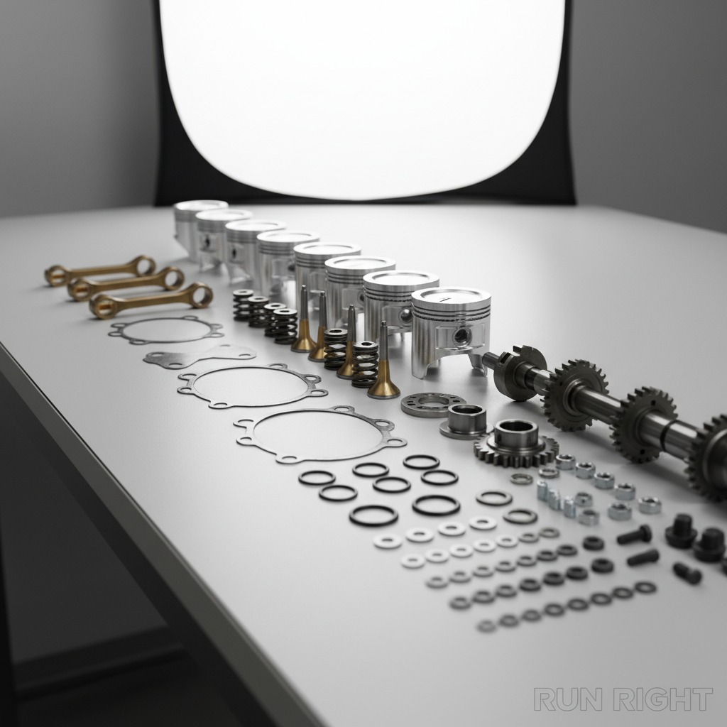 A close-up, photographic image of a disassembled small gasoline engine laid out in a perfectly organized exploded view on a clean, light gray work surface. Pistons, valves, gaskets, and bolts are precisely aligned in logical rows, each part spotless and slightly reflective. Soft diffused studio lighting from above minimizes harsh shadows while creating subtle highlights along machined edges and polished metal. The background fades to a gentle blur, keeping attention on the intricate components. Captured from a slightly elevated angle with sharp focus on the center pieces, the composition feels technical yet approachable. The overall mood is methodical, expert, and reassuring, conveying the depth of knowledge required to make any motor “run right” while maintaining a clean, modern, professional aesthetic.