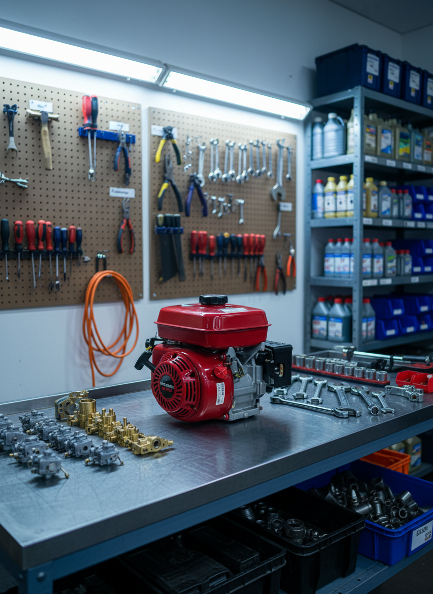 A meticulously organized small engine repair workbench covered with neatly arranged carburetors, spark plugs, and gleaming wrenches, all spotless yet clearly well-used. A bright red lawn mower engine sits centered on a heavy-duty steel bench top with a slightly worn, matte surface. The background shows pegboards lined with labeled tools, coiled extension cords, and orderly shelves of oil bottles and parts bins. Cool, even overhead workshop lighting creates crisp reflections on metal surfaces and soft shadows under the engine. Photographic realism, shot at eye level with a medium depth of field so the engine is in sharp focus while the background gently blurs. The mood is professional, competent, and trustworthy, emphasizing precision and reliability in engine repair.