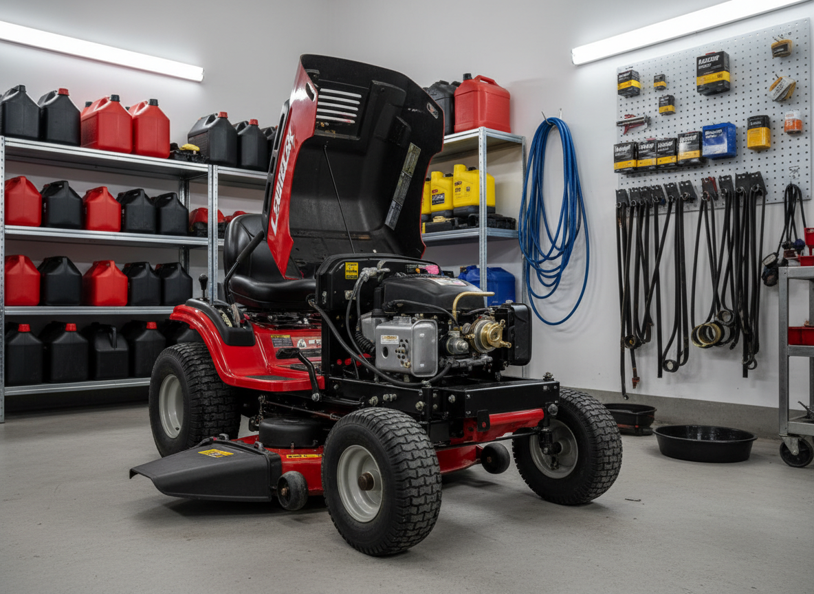 A rugged red and black lawn mower positioned in the center of a tidy concrete garage bay, its engine cover open to reveal clean, well-maintained components. Around it, neatly stacked fuel containers, a coiled air hose, and an orderly rack of belts and filters hint at a full-service small engine shop. Bright but soft overhead fluorescent lighting evenly illuminates the scene, casting gentle, realistic shadows under the mower and tools. Photographic realism, captured from a three-quarter front angle at slightly below eye level to emphasize the mower’s engine. The shallow depth of field keeps the mower crisp while the background tools softly recede. The mood is confident and service-oriented, showing that common yard equipment is in capable, professional hands.